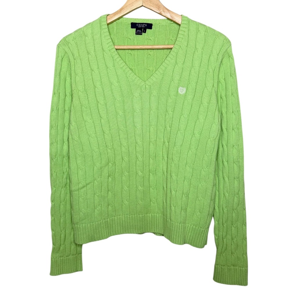 Chaps Ralph Lauren Preppy Tennis Cable Knit Vneck Sweater Green L Americana